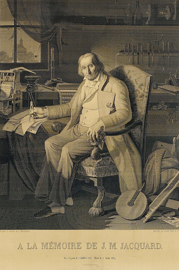 This portrait of Jacquard was woven in silk on a Jacquard loom and required 24,000 punched cards to create (1839). It was only produced to order.