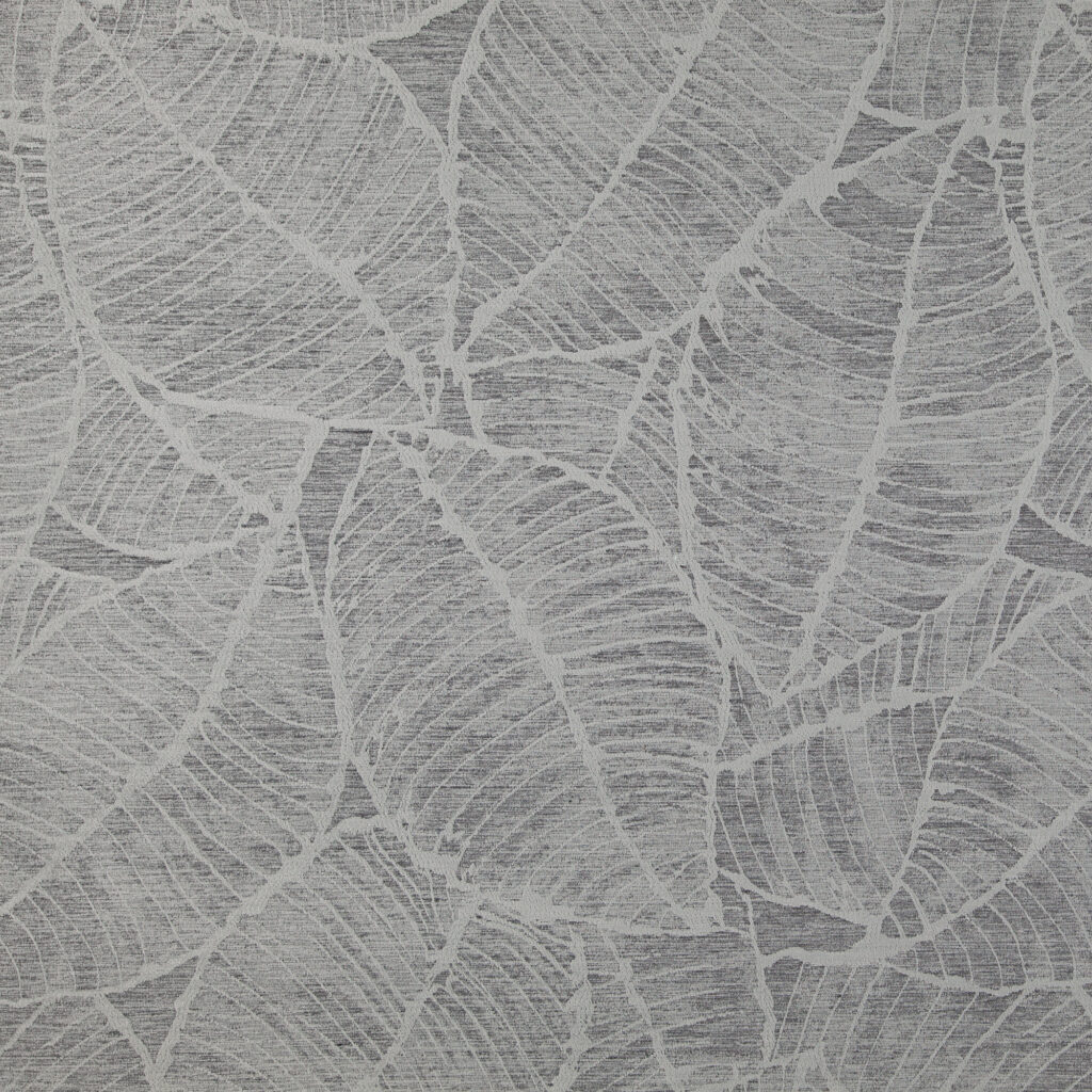 Closeup of a grey performance upholstery fabric with a delicate leaf motif