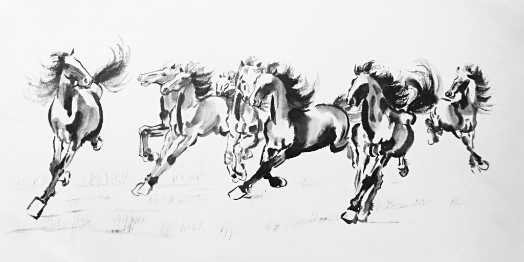 Eight horses running hand painted with black ink in Chinese brush style on white background