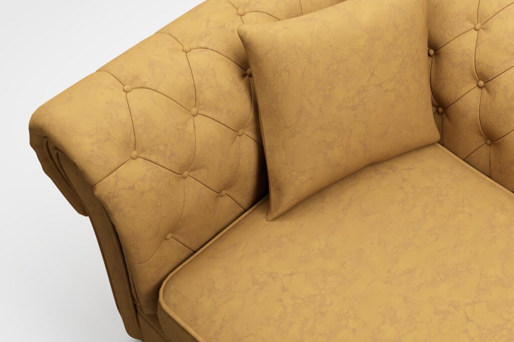 3D rendered model of a sofa with gold digital fabric texture