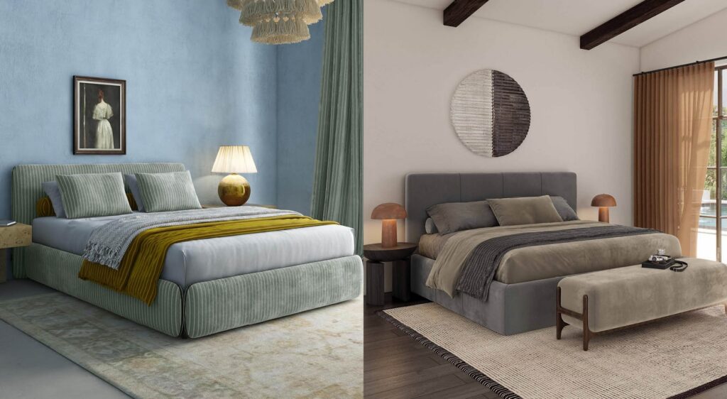 two bedroom scenes side by side with plush corduroy fabric in modern muted tones with an air of peace