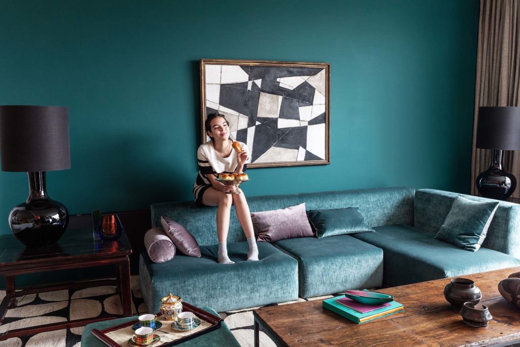 Modern teal living room upholstered in FibreGuard fabric Determination.jpg