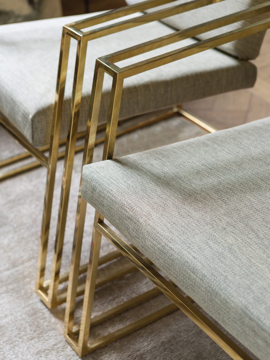 art deco metallic chairs with soft neutral fibreguard fabric seat cushions