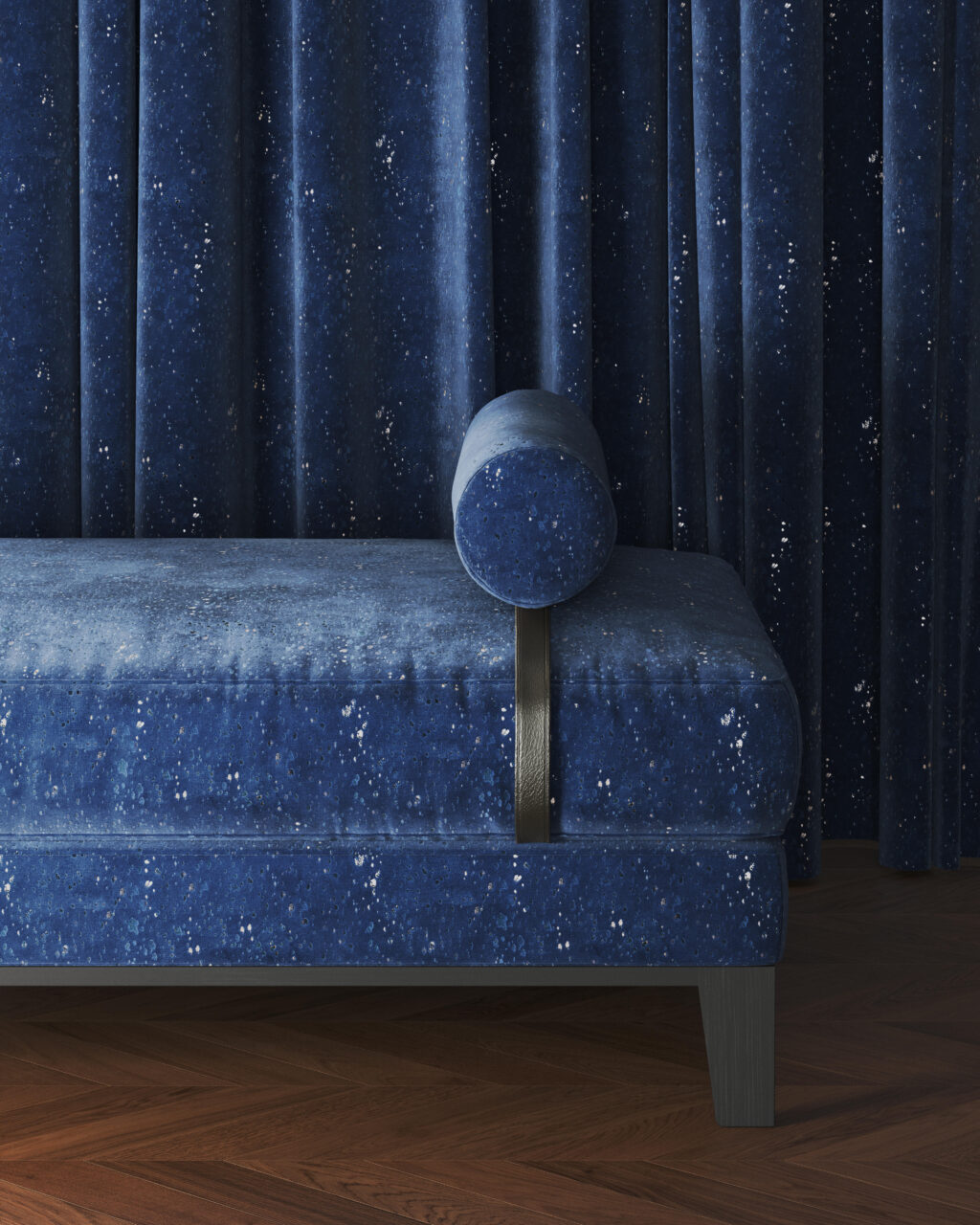 blue sparkly ottoman and curtain