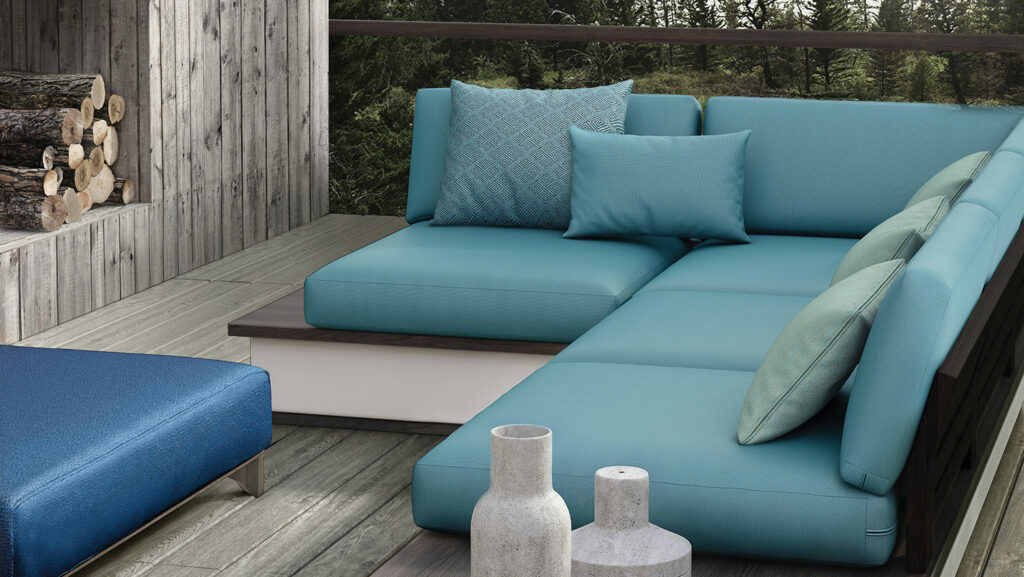 fibreguard outdoor fabrics in a teal corner sofa