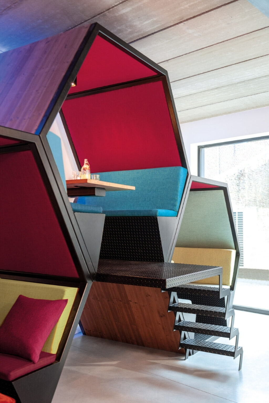 honeycomb style office furniture pods upholstered with fibreguard easy clean upholstery