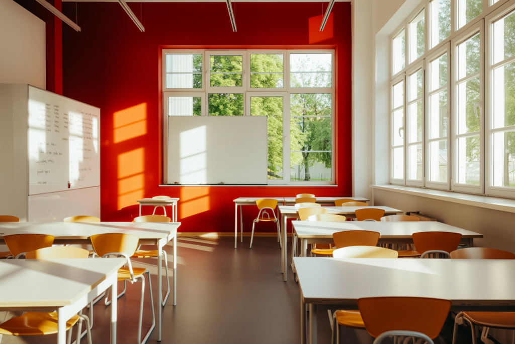 Modern red classroom interior