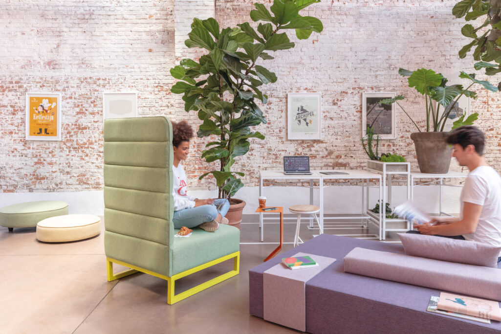 pastel workplace with green statement armchair