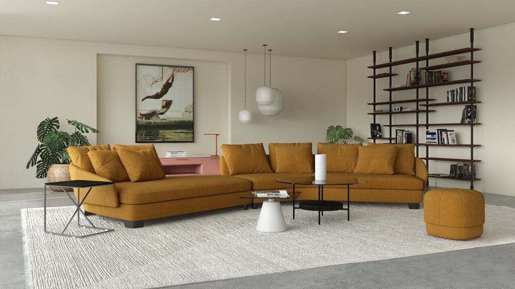 Photorealistic interior scene rendered with digital twin fabric technology