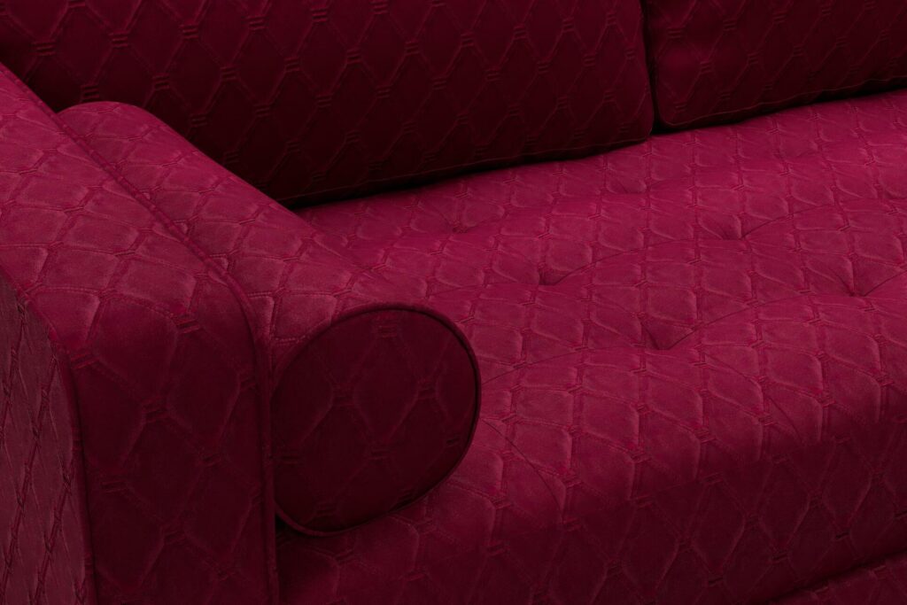 Tulip coloured quilted velvet fibreguard sofa upholstery